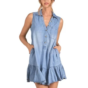 ELAN DRESS WOMEN'S MEDIUM 100% TENCIL DENIM RUFFEDED MINI BOHO WESTERN NEW! - Picture 1 of 12