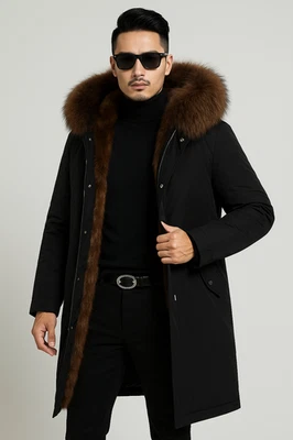 Men’s Black Winter Parka with Brown Hood – Luxury Faux Fur Lined Long Coat, - Image 1 of 4