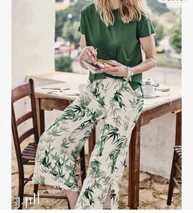 J Jill Pants Linen Blend Cropped Wide Leg Tropical Green Sz M Beach Coastal - Picture 1 of 14