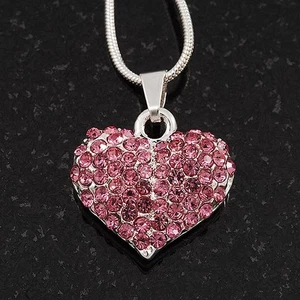 Small Pink Crystal Puffed 'Heart' Pendant Necklace In Rhodium Plated Metal - - Picture 1 of 4