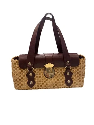 Michael Kors Santorini Raffia & Cognac Leather Woven Shoulder Bag EUC - Image 1 of 4