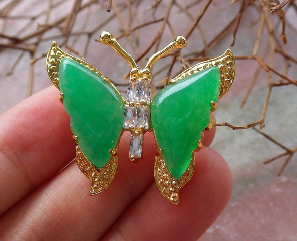 Broche broche mariposa JADE verde placa oro amarillo imitación diamante 300241 Foto 1 de 4