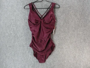 Merona Bathing Suit Womens Small Red Plum Burgundy Purple 1 Pc Ruched Lined Pad - Picture 1 of 10