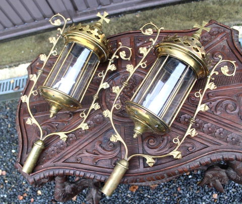 PAIR antique French Procession copper Lamps neo gothic church religious lights Cover