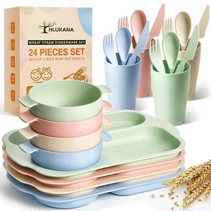 24 Pcs Wheat Straw Dinnerware Cutlery Set Unbreakable Tableware Including Kids - Picture 1 of 7