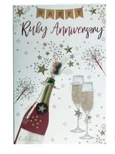Tarjeta de Diseño Bunting Champagne 40 Aniversario Feliz Rubí Verso Encantador - Imagen 1 de 2