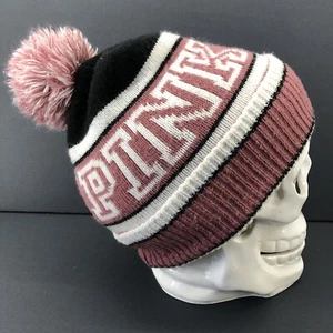 Victoria Secret VS Pink Nation Spell Out Knit Hat Cuffed Ski Beanie Cap Pom Pom - Picture 1 of 8
