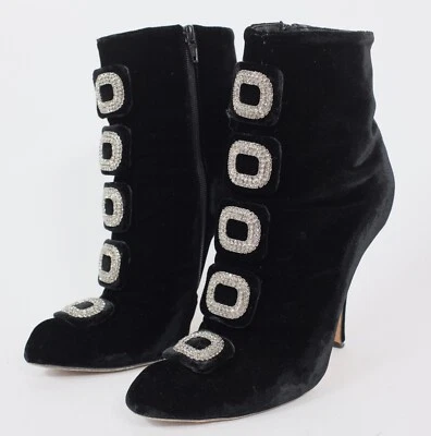 Manolo Blahnik Cristal Hebilla Botas Zapatos 39.5 US 9.5 Negro Terciopelo Foto 1 de 4