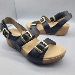 Dansko Lou Sandal Black Leather Comfort Buckle Ankle Strap Wedge Sz 6.5 7 37 New - Picture 1 of 10
