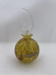 Art Glass Perfume Bottle 6.5” Gold Flecks White Brown With Clear Glass Stopper - Picture 1 of 10