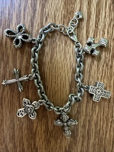 Brighton Faithful Crosses Charm Bracelet Retired Silver Plated Adjustable 7–8” - Picture 1 of 5