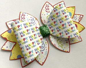 HAPPY BIRTHDAY STATEMENT PRINTED CANVAS FABRIC BOW TEMP MAKE YOUR OWN HAIR BOWS - Picture 1 of 4