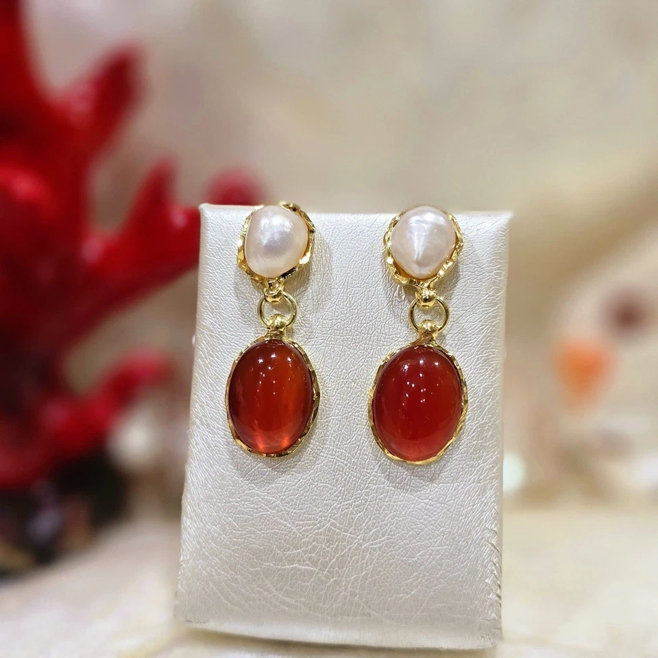 Orecchini Pendenti Con Perle Barocche, Corniola E Argento 925 Placcato In Oro - Immagine 1 di 4