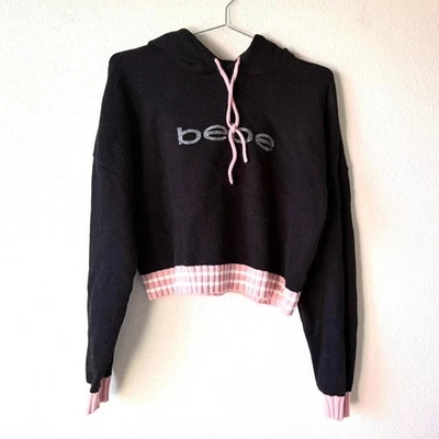 Bebe y2k 2000s Negro y Rosa Rayas Sudadera con Capucha Estrás Para Mujer L Foto 1 de 4