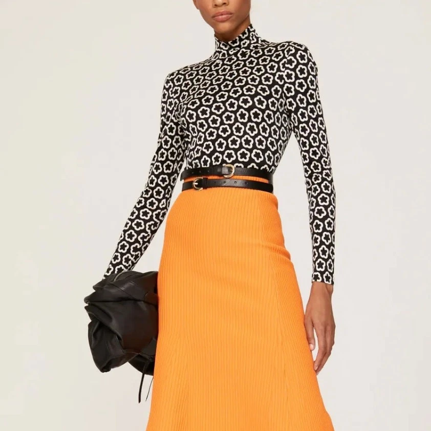 Топ Tory Burch черный белый цветок размер 8 обтяжку длинным рукавом Mockneck шелк $448 - Изображение 1 из 4