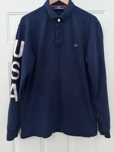 Polo uomo Vineyard Vines blu navy manica lunga rubgy USA Spellout camicia - taglia M - Foto 1 di 5