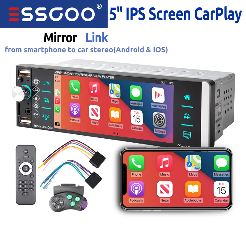 ESSGOO 5" 1 DIN Carplay Android Auto Stereo IPS Touch Screen Radio Bluetooth USB - Image 1 of 4