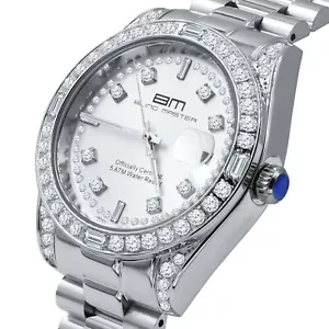 Solid Steel 18K White Gold Tone Simulated Diamond Men's Presidential Watch 40mm - Picture 1 of 6