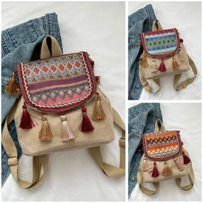 Lady Ethnic Backpack Tassel Canvas Embroidery Shoulders Bag Large Capacity Small - Image 1 of 4