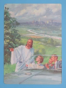 Stampa fronte/retro originale 1966 Gesù offre guida direzione famiglia in auto - Foto 1 di 2
