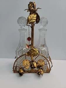 Set e porta olio e aceto cristallo fenicottero foglia oro vintage italiano. - Foto 1 di 9