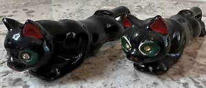 VTG Japan Redware Long Black Panther Cat Salt & Pepper Shakers Rhinestone Eyes - Picture 1 of 12