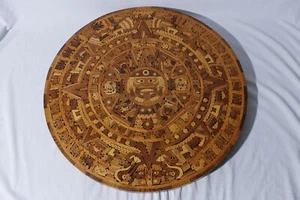 Aztec Maya Calendar Wood Inlay Marquetry Mosaic Wall Plaque Sun Stone Folk 24" - Picture 1 of 6