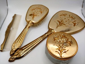 Vtg. 4 Piece Vanity Dresser Set, Mirror, Brush, Comb And Powder Jar - Picture 1 of 16