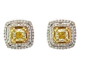 Fancy Yellow Cushion Cut Diamond Earrings with Double Diamond Halo 18k Gold - Picture 1 of 7