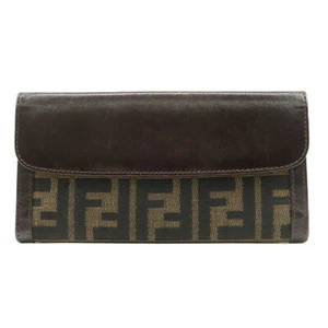 Authentic FENDI Zucca Canvas Leather W Hook Long Wallet Brown 1339 Used F/S - Picture 1 of 23