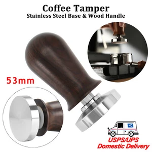 Manomissione Caffè Espresso 53mm Acciaio Inox Base Piatta Manico Legno Carica Molla - Foto 1 di 11