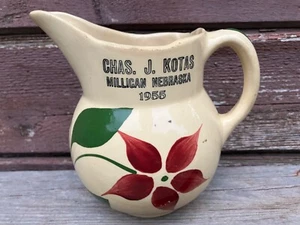 VTG WATT POTTERY ADVERTISING PITCHER KOTAS MILLIGAN NEBRASKA - Picture 1 of 2
