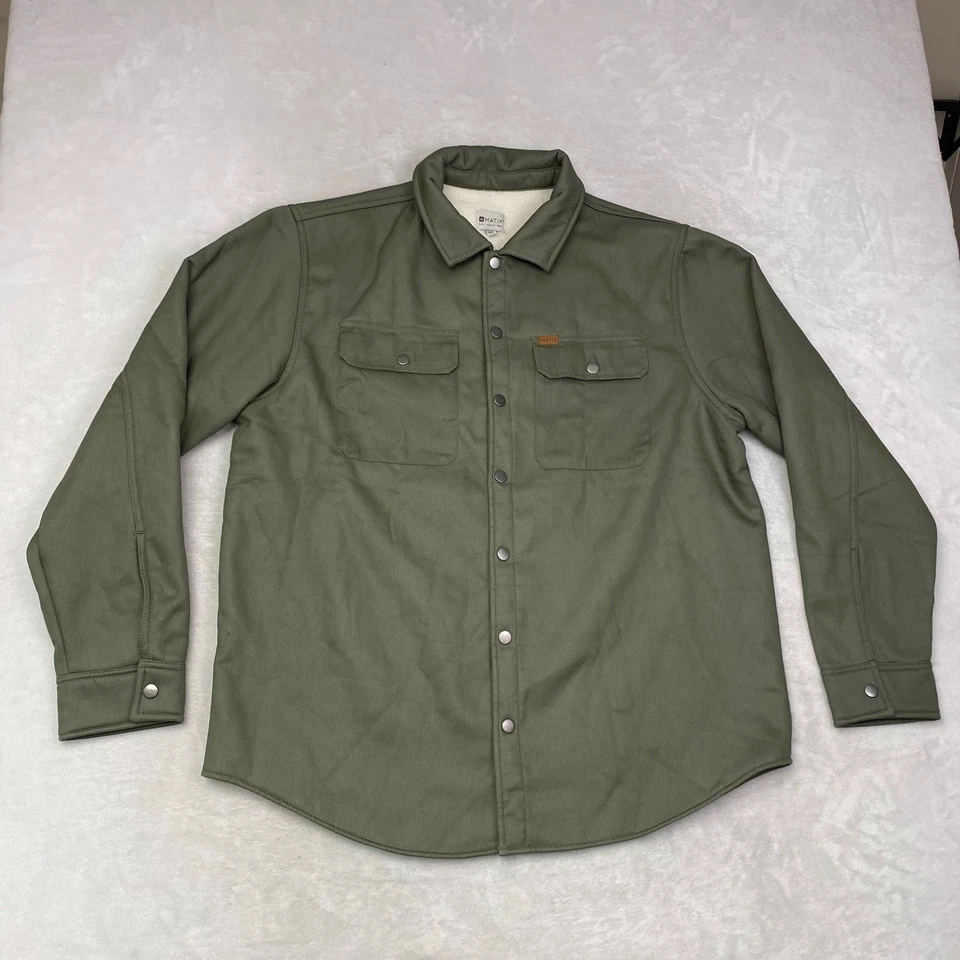 MATIX Mens XL Shirt Jacket Olive Green Cotton Blend Sherpa Lined Snap Front - Image 1 of 4