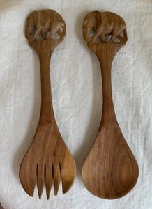 Hand Carved Wood Elephant Salad Tongs Pair Fork & Spoon Serving Set wooden 12” - Picture 1 of 5