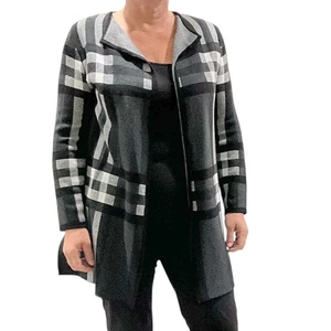 Anne Klein Cardigan Maglia a Quadri Maglione Spolverino Giacca Grigio Nero - Taglia M - Foto 1 di 7