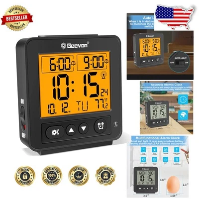 Atomic Travel Alarm Clock: Dual Alarm, Temp Monitor, Auto Night Light, Black LCD - Image 1 of 4