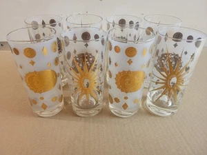 Fred Press Sun Moon Atomic Starburst Weiß & Gold Gläser 6 1/4" Hi Ball MCM - Bild 1 von 5