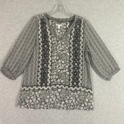 Old Navy Top Womens M Black Floral Sheer V Neck 3/4 Sleeve Tunic Blouse — 第 1/4 张图片