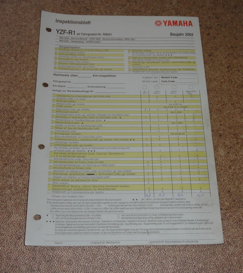 Hoja De Inspección Yamaha YZF - R1 Tipo RN091 Año 2002 - Imagen 1 de 1