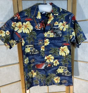 Camicia RJC SZS Made in Hawaii 100% cotone hawaiano auto fiori blu nero giallo - Foto 1 di 12