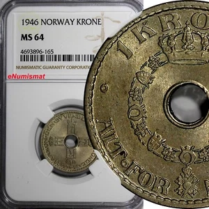 Norway Haakon VII Copper-Nickel 1946 1 Krone NGC MS64 TONED SCARCE KM# 385 (165) - Picture 1 of 4