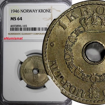 Norway Haakon VII Copper-Nickel 1946 1 Krone NGC MS64 TONED SCARCE KM# 385 (165) - Image 1 of 4