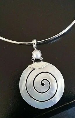 925 Sterling Silver Large Ethnic Pearl Pendant Choker Necklace, Christmas Gift - Image 1 of 4