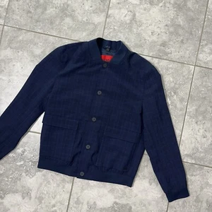 Hugo Boss Schurwolle Knopf Bomber Jacke Mantel Navy Kariert Preppy Neu Herren 36R - Bild 1 von 23