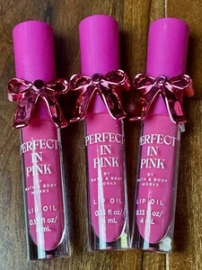 NEW 3 BATH & BODY WORKS PERFECT IN PINK LIP OIL GLOSS 0.13 FL OZ PINK BOW 4 ML - Picture 1 of 1