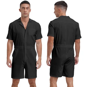 Men's Solid Color Rompers Jumpsuits Zipper Short Sleeve Coveralls Overalls - Picture 1 of 55