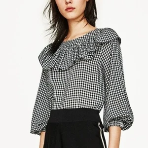 Zara schwarz weiß Gingham Karo Rüschen Langarm Top Größe Small - Bild 1 von 6
