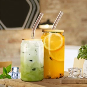 6x Glas Becher mit Bambus Deckel Glas Strohhalm 560ml - Bild 1 von 2