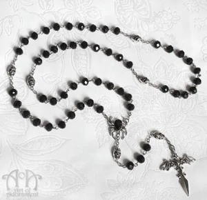 Gothic Punk Beaded BLACK CRYSTAL ROSARY NECKLACE Bat Skull Spider Cross Long - Picture 1 of 4