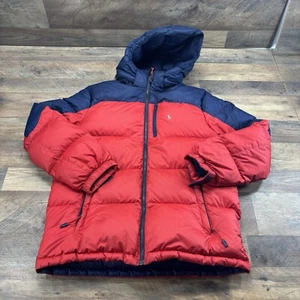 Polo Ralph Lauren Red Navy Puffer Down Hood Jacket Colorblock Youth X-Large SPOT - Picture 1 of 12